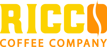 Ricco Coffee Subscription Company Logo-Header Ricco Coffee Company full-color logo with bold yellow text and orange bean icon