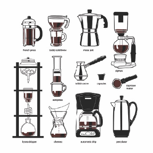 An illustrative guide compares various coffee brewing methods including French press, toddy cold brew, Moka pot, siphon, AeroPress, and percolator, among others. Each icon graphically represents the different coffee makers, emphasizing the unique brewing technique each employs, from manual pouring to steam pressure, and from vacuum extraction to the full-immersion brew. The percolator is featured for its distinctive method of cycling water through coffee grounds, which results in a particularly robust flavor profile, setting it apart from the other brewing styles displayed.