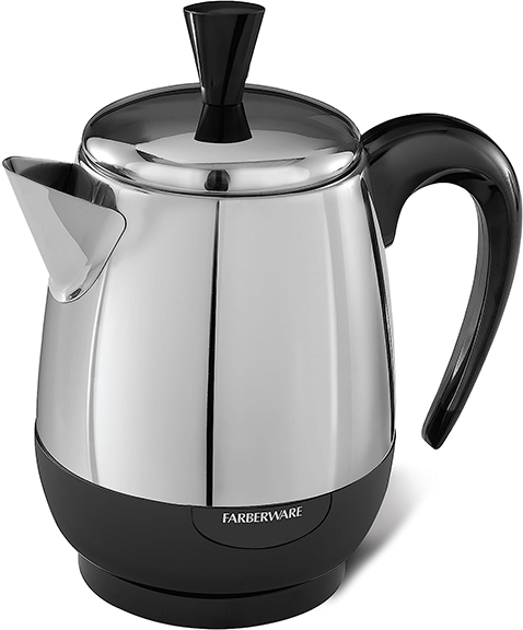 The modern Farberware electric percolator in a polished stainless steel finish features a sleek design and a black base, embodying the contemporary revival of classic coffee brewing methods. This image highlights the percolator's robust construction and easy-to-use functionality, combining the nostalgic essence of vintage models with the convenience and durability that appeal to today's coffee enthusiasts.
