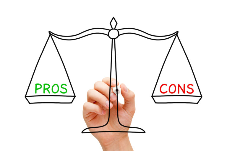 A hand-drawn scale balancing 'PROS' in green on one side and 'CONS' in red on the other, symbolizing the evaluation of advantages and disadvantages of the Sowden SoftBrew coffee pot.