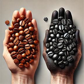 The-Impact-of-Roasting-on-Coffee-Quality-and-Health Side-by-side comparison of over-roasted and artisan craft-roasted coffee beans, emphasizing the importance of preserving health benefits like EGCG.