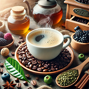 Coffee-Health-Benefits-Antioxidants-and-Insulin-Resistance A steaming cup of coffee surrounded by roasted coffee beans, berries, and green tea leaves, highlighting coffee's antioxidants, EGCG benefits, and health benefits for insulin resistance.