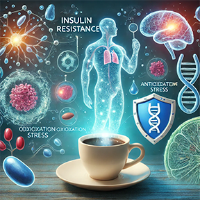 How-Coffee-and-EGCG-Help-Combat-Insulin-Resistance Illustration showing coffee's role in reducing oxidative stress and improving insulin resistance, with scientific elements and a steaming coffee cup
