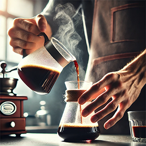 Barista-Pouring-Specialty-Grade-Craft-Roasted-Coffee A barista pouring freshly brewed specialty-grade coffee into a carafe, showcasing the precision and artistry of craft roasting.