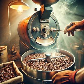 Artisan-Craft-Roasting-at-Ricco-Coffee-Company A craft coffee roaster with steaming coffee beans being meticulously roasted to preserve EGCG and enhance flavor.