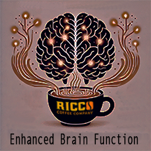 caffeine – brain – function – focus – memory .png An i llustration of a brain with neural connectio ns and a steaming coffee cup with Ricco Coffee Company logo , highlighting caffeine’s ability to enhance focus, memory, and cognitive function.