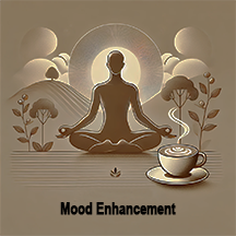 caffeine-mood-boost-relaxation-happiness An illustration of a person meditating in a lotus position with a steaming cup of specialty grade Ricco coffee nearby, symbolizing how caffeine enhances mood, promotes relaxation, and reduces the ri sk of depression.