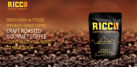 ricco-coffee-bag-specialty-grade-craft-roasted-home-delivery A Ricco Coffee Company bag sits on a bed of freshly roasted coffee beans, featuring the company logo and promotional text about fresh high - altitude specialty - grade coffee. Ricco Coffee’s craft roasted coffee is available through the best coffee subscriptio n Caffeine_Metadata_Image Titles, ALT Content.docx service, offering fresh gourmet coffee delivered conveniently to your door. Enjoy high - altitude craft roasted coffee and premium coffee beans online for the perfect cup.