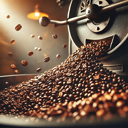 ricco – specialty – coffee – craft – roasted – premium – beans .png Freshly roasted specialty - grade coffee beans pouring from an artisanal roasting machine, highlighting Ricco Coffee’s commitment to high - quality, antioxidant - rich, and low - acid craft roasted coffee for superior flavor and health benefits.