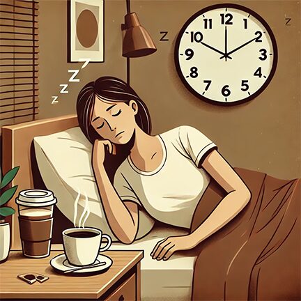 too – much – caffeine – sleep – disturbance .png A person lying in bed struggling to sleep along with a cup of coffee on the nightstand illustrating how sleep patterns are affected by excessive caffeine and drinking coffee too close to bedtime.