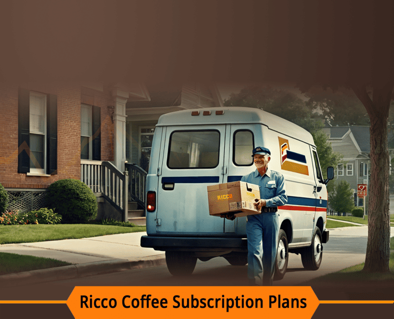 Ricco Coffee subscription banner for mobile showing a smiling postal carrier delivering a Ricco Coffee box to a suburban home. Orange bar reads: 'Ricco Coffee Subscription Plans'